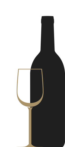 Een minimalistische illustratie van een wijnfles en een wijnglas in zwart en goudtinten.